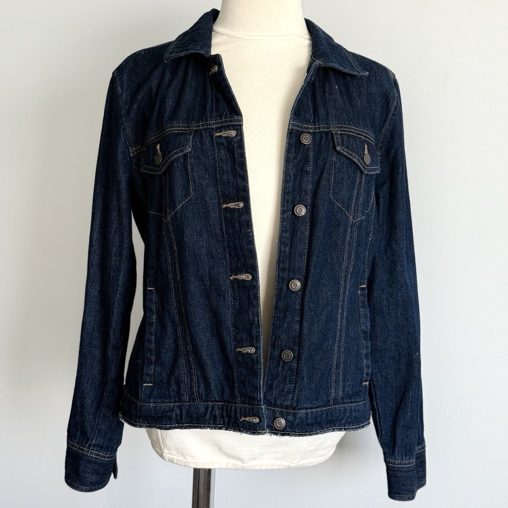 French Cuff Dark Wash Denim Jean Jacket L Collared Button Trucker Norm Cabin